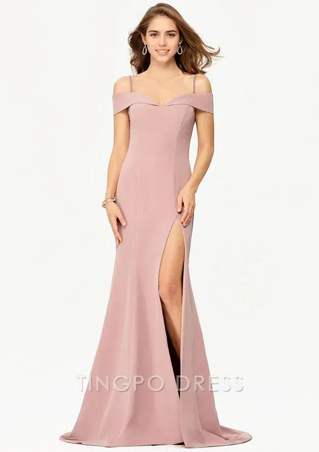 TingPo Wholesale Elegant Trumpet/Mermaid Off-the-Shoulder Sleeveless Stretch Crepe Court Train Prom Dress With Split Sequins Beading